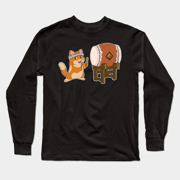 Taiko drum neko Long Sleeve T-Shirt by Grethe_B